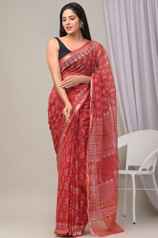 Red & Multi Coloured Kota Doriya Cotton Beautiful Hand Block printed Women Daily/Party wear Saree with Blouse!!