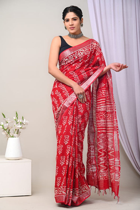 Red & Multi Coloured Linen Cotton Beautiful Hand Block printed Women Daily/Party wear Saree with Blouse!!