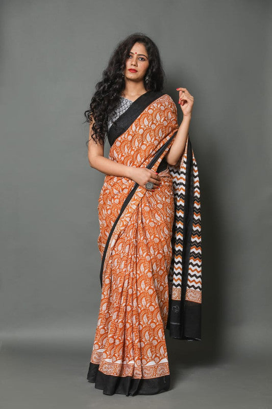 Orange & Black Coloured Beautiful Hand Block printed Women Daily/Party wear Pure Mul Cotton Saree with Blouse!!