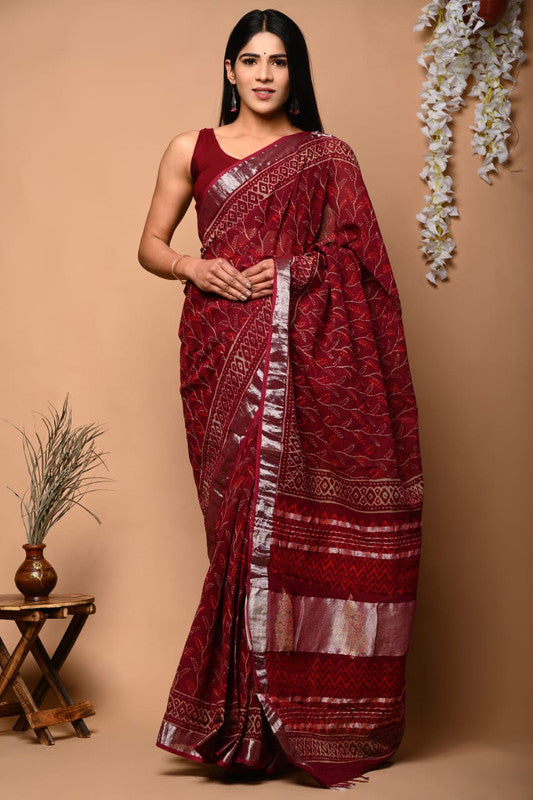 Maroon & Multi Coloured Linen Cotton Beautiful Hand Block printed Women Daily/Party wear Saree with Blouse!!