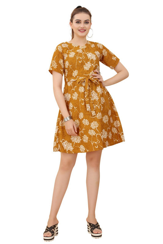 Mustard Yellow & Multi Coloured Premium Crepe Printed Short Sleeves Round Neck Women Daily wear Western Dress!!