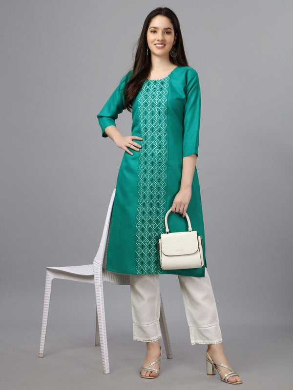 Dark Rama Green Coloured Pure Cotton with Embroidery work Women Designer Daily wear Kurti!!