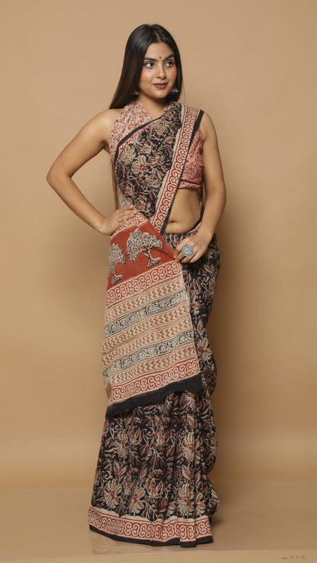 Beige & Black Coloured Beautiful Hand Block printed Women Daily/Party wear Pure Cotton Saree with Blouse!!