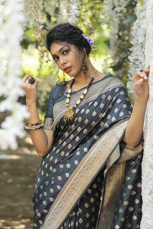 Dark grey woven south silk saree with blouse - AASTHA FASHION - 4275310