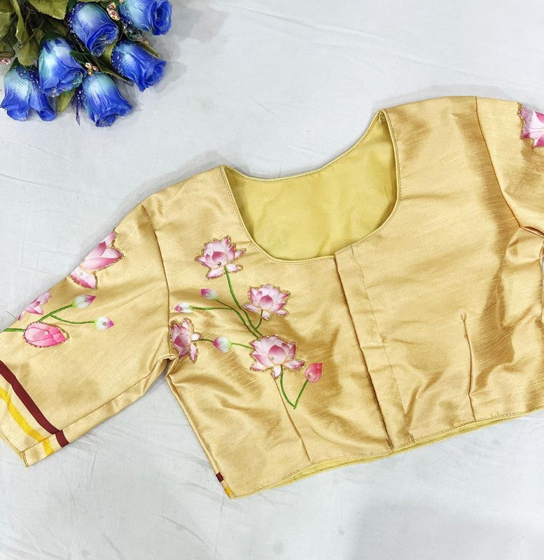 Radha Krishna Gold Pure Silk Handmade work Readymade Blouse!!