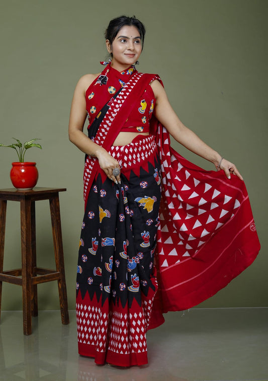 Maroon & Multi Coloured Hand Printed Super dying Quality Mul Cotton Women Daily wear Saree with Blouse!!