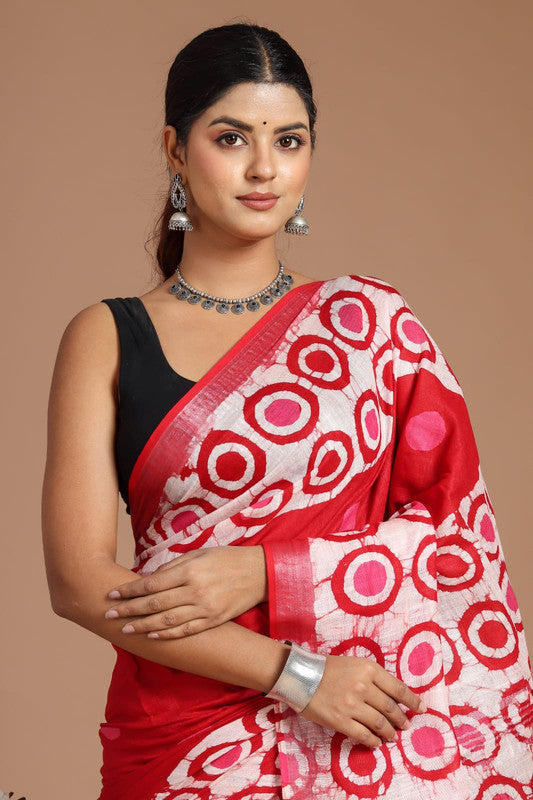 Red & Multi Coloured Linen Cotton Beautiful Hand Block printed Women Daily/Party wear Saree with Blouse!!