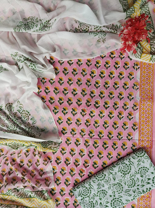 Pink & Multi Coloured Pure Cotton Printed Women Party/Daily wear Dress Material Suit- Top with Bottom & Cotton Dupatta!!