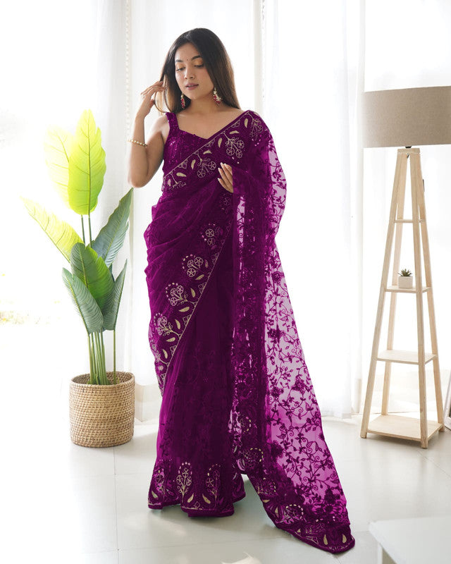 Purple Coloured Heavy Butterfly Net with Multi coloured Thread & Aari Embroidery Work Women Designer Party wear Fancy Net Saree with Blouse!!