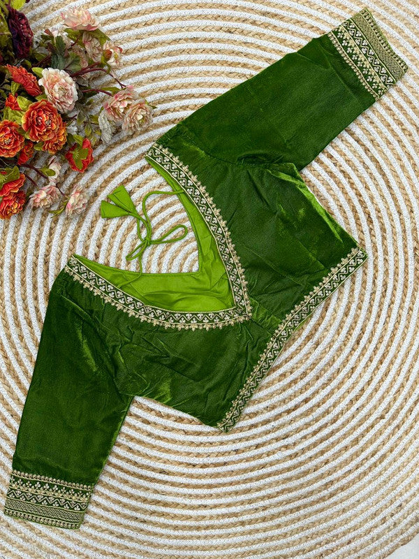 Parrot Green Coloured Premium Pure Velvet Heavy Embroidery & Handwork Woman Ready made Designer Bridal Blouse- Free Size Up to 38 Inch!!