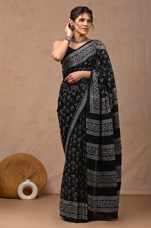 Black & Multi Coloured Hand Block Bagru, Dabu & Batik Dye Print Women Designer Party wear Pure Cotton Saree with Runnin Blouse!!