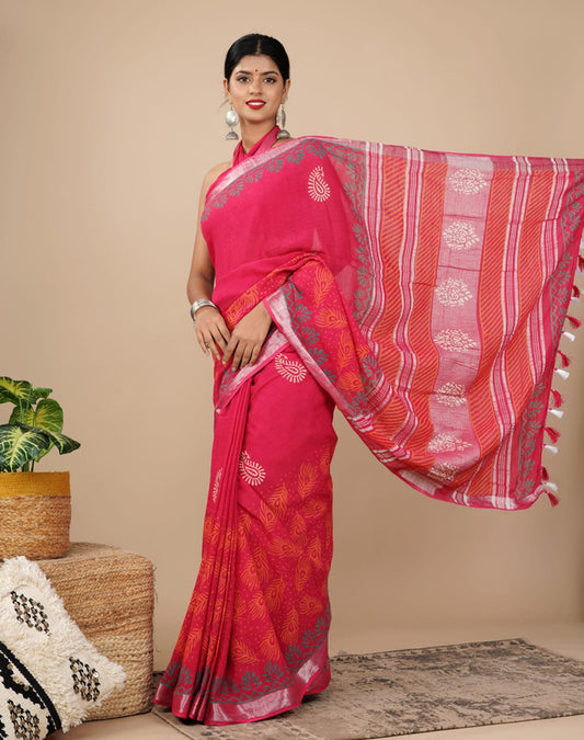 LINEN COTTON HAND PRINTED  SAREE WITH TAUSSAL