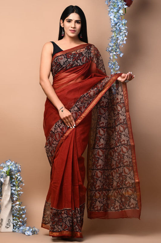 Brick Red & Black Coloured Beautiful Hand Block printed Women Daily/Party wear Kota Doriya Cotton Saree with Blouse!!