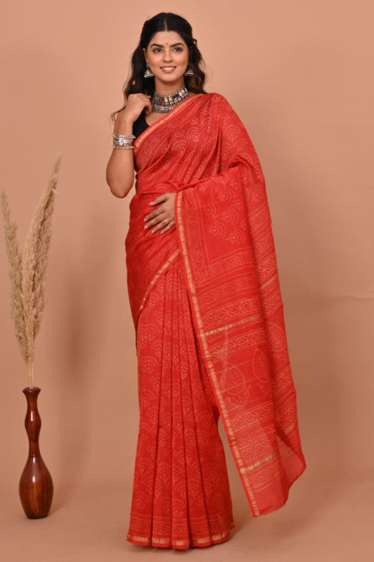 Red & Off White Coloured Hand Block Printed Women Designer Party wear Chanderi Cotton Silk Saree with Runnin Blouse!!