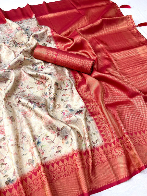 Red & Multi Coloured Jacquard Handloom Silk with Fancy Latkan Women Party wear Saree with Fancy Blouse!!