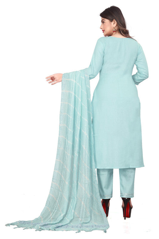 Sky Blue Coloured Pure Cotton with Embroidery work Round Neck 3/4 Sleeves Women Fully Stitched Designer Party/Daily wear Kurti with Pant & Chanderi Dupatta!!