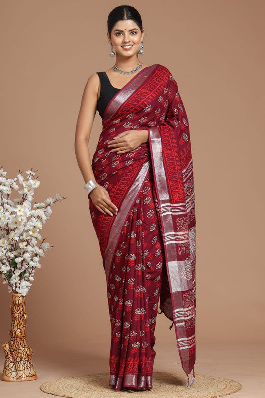 Maroon & Multi Coloured Linen Cotton Beautiful Hand Block printed Women Daily/Party wear Saree with Blouse!!