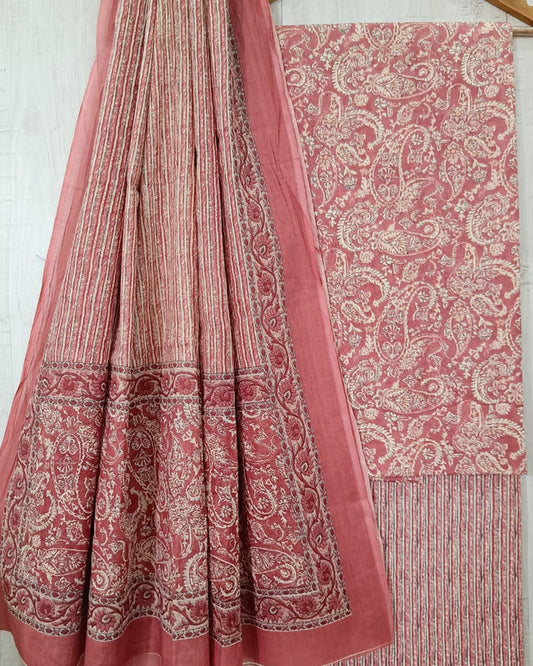 Pink & White Coloured Unstitched Pure Cotton Hand Block Printed Women Party/Daily wear Dress Material Suit- Top with Bottom & Cotton Dupatta!!