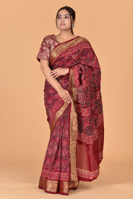 Maroon & Multi Coloured Hand Block Printed Silk border Chit Pallu Women Designer Party wear Cotton Silk Saree with Zari Blouse!!