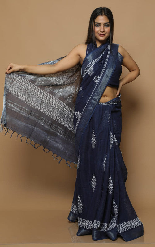 LINEN COTTON HAND BLOCK PRINT SAREE