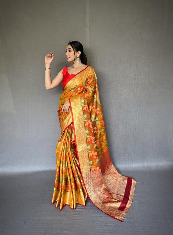 Orange & Multi Coloured Exclusive Gold Zari with Elegant Moti Flower and Rich Pallu Women Designer Party wear Soft Silk Saree with Blouse!!