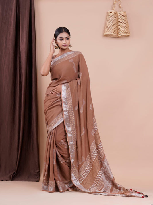 BEAUTIFUL LINEN HAND BLOCK PRINT SAREE