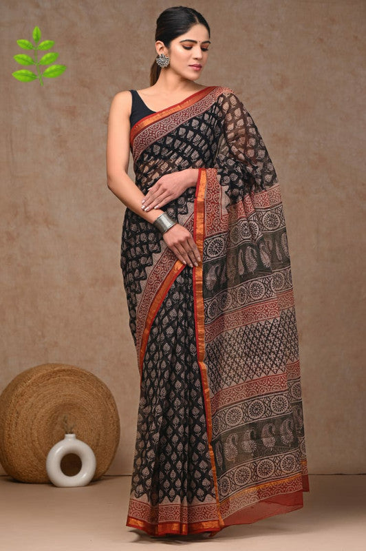 Black & Multi Coloured Kota Doriya Cotton Beautiful Hand Block printed Women Daily/Party wear Saree with Blouse!!