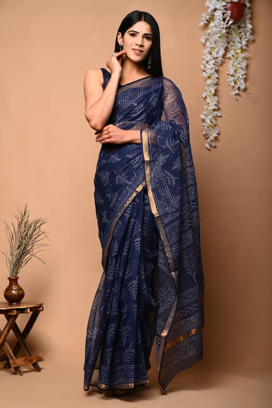 Navy Blue & Multi Coloured Kota Doriya Cotton Beautiful Hand Block printed Women Daily/Party wear Saree with Blouse!!