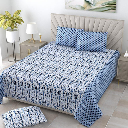 Blue Coloured Pure Cotton Exclusive Hand Print Queen size Double Bed sheet with Pillow covers!!