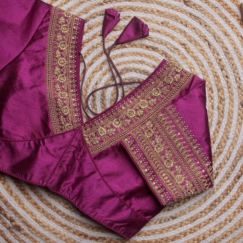 Wine Coloured Pumpkin Silk with Embroidery work & Sequence Woman Designer Wedding Ready made Blouse - 38 Size Fits Up to 40 Inch!!