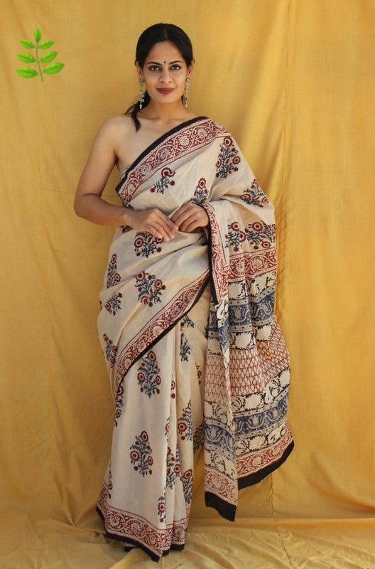 Beige & Multi Coloured Pure Cotton Beautiful Hand Block printed Women Daily/Party wear Saree with Blouse!!