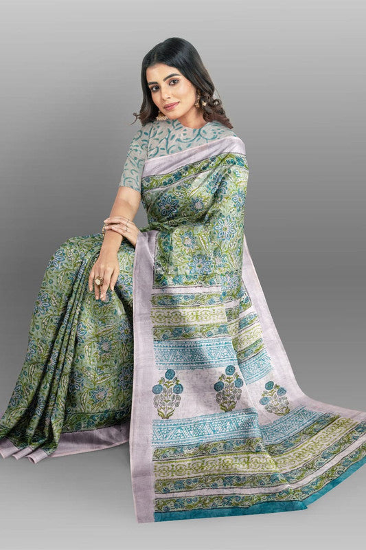 Green & Multi Coloured Linen Cotton Beautiful Hand Block printed Women Daily/Party wear Saree with Blouse!!