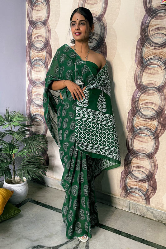 Dark Green & White Coloured Premium Mul Mul Cotton Beautiful Hand Block printed Women Daily/Party wear Saree with Blouse!!