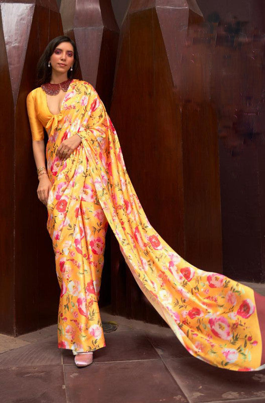 Orange & Multi Coloured Pure Japan Sattin Crepe with Designer Digital print Women Party wear Saree with Blouse!!