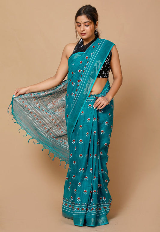 LINEN COTTON HAND BLOCK PRINT SAREE WITH BLOUSE!!