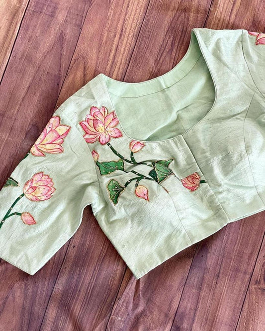 Peach Green Ready made Blouse - Pure Silk with Hand print& Antique Handcrafted work !!