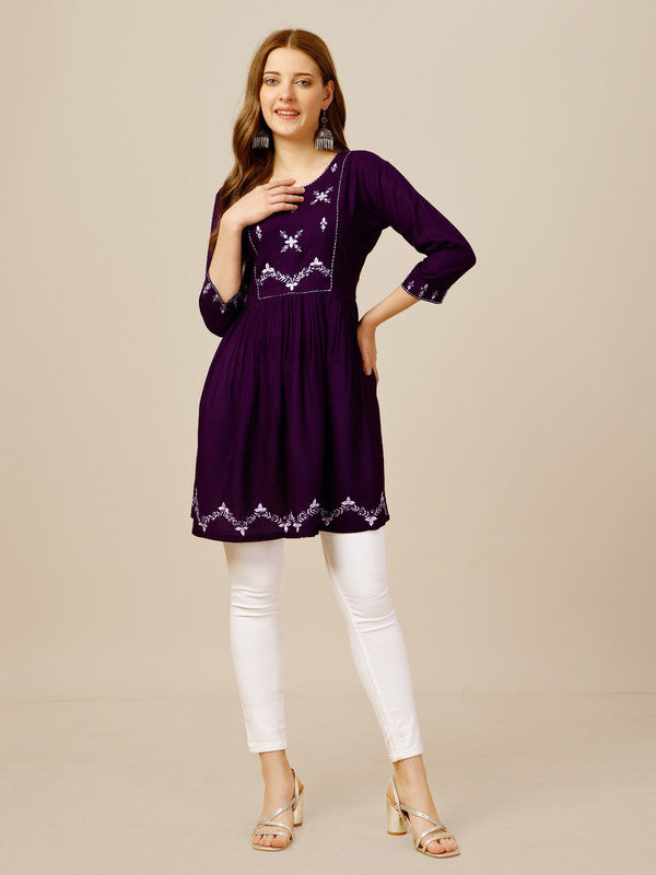 Purple Coloured Premium Rayon with Embroidery & Sequence Work Round Neck 3/4 Sleeves work Women Party/Daily wear Western Top!!