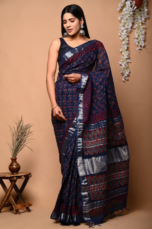 Navy Blue & Multi Coloured Linen Cotton Beautiful Hand Block printed Women Daily/Party wear Saree with Blouse!!