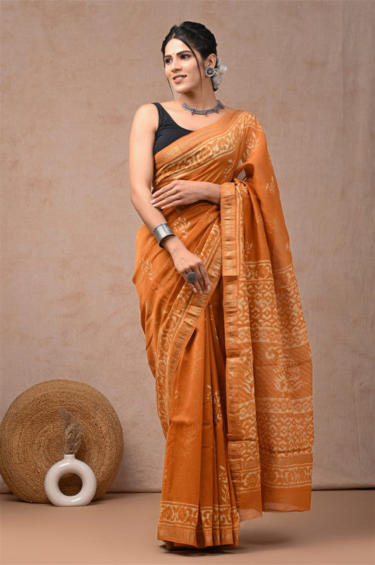 Mustard Yellow & Off White Coloured Hand Block Printed Women Designer Party wear Maheshwari Cotton Silk Saree with Runnin Blouse!!