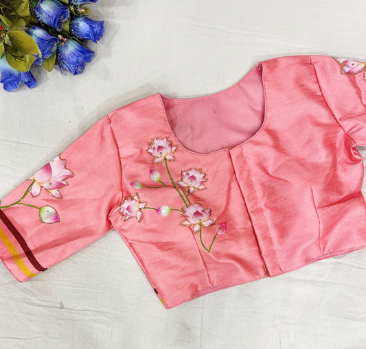 Pink Ready made Blouse - Pure Silk Handmade work Blouse!!