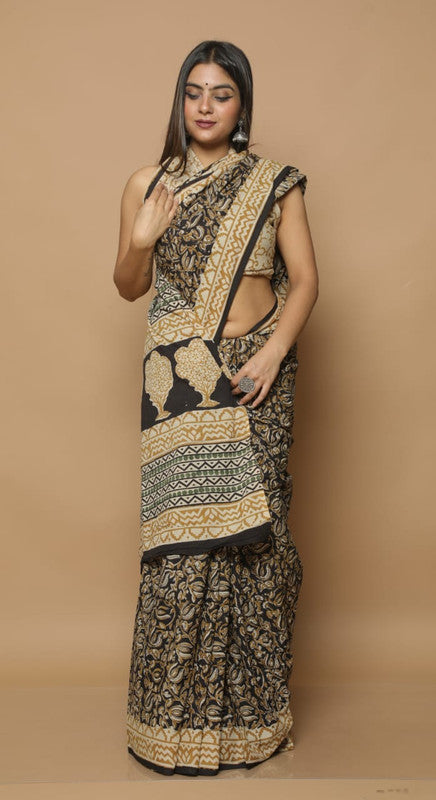 Black & Yellow Coloured Beautiful Hand Block printed Women Daily/Party wear Pure Cotton Saree with Blouse!!