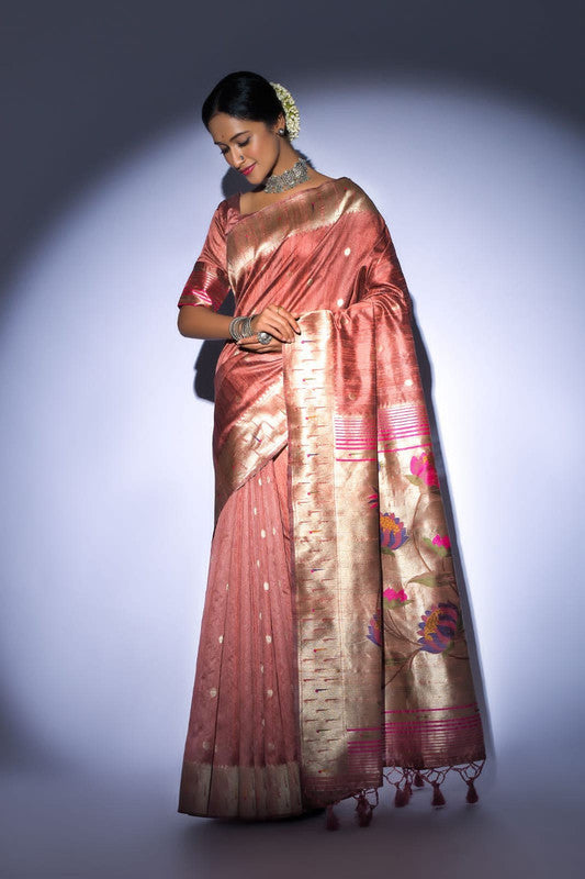 Peach Tussar silk Pure Paithani Silk Saree with pure zari woven broad border!!