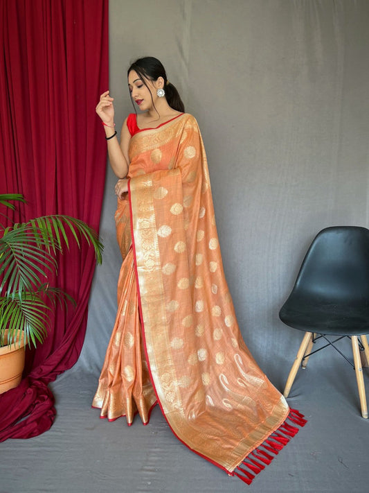 PURE COTTON LINEN SAREE WITH GOLD ZARI MOTTIFS WITH RICH PALLU!!