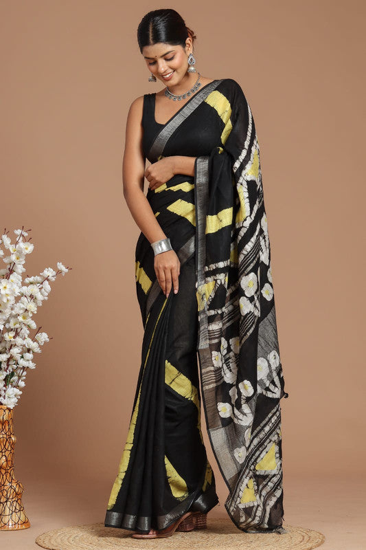 Black & Multi Coloured Linen Cotton Beautiful Hand Block printed Women Daily/Party wear Saree with Blouse!!