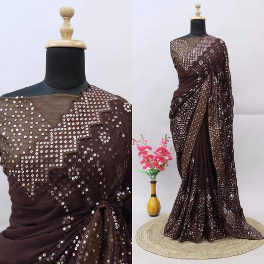 Brown Coloured Georgette Silk with Lucknowi Thread Chikankari & Sequence work Women Designer Party wear Fancy Georgette Silk Saree with Blouse!!