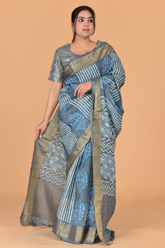 Dark Grey & Multi Coloured Hand Block Printed Silk border Chit Pallu Women Designer Party wear Cotton Silk Saree with Zari Blouse!!