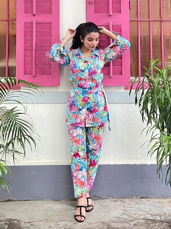 Aqua Blue & Multi Coloured Pure Cotton with Printed Collar Neck Full Sleeves Women Party/Daily wear Western Co-Ord Set of 2 Pcs!!