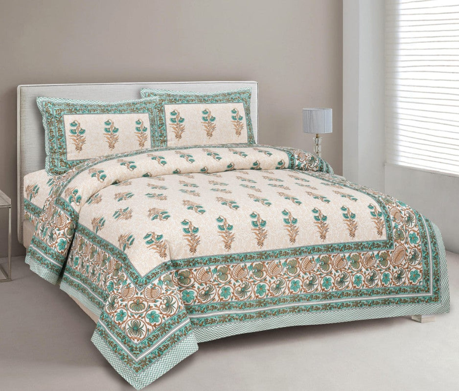 Light Green & Multi Coloured Pure Cotton Beautiful Hand Printed Queen size Double Bed sheet with 2 Pillow covers!!