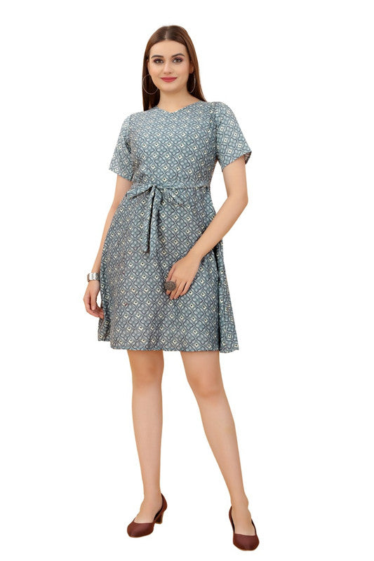 Grey & Multi Coloured Premium Crepe Printed Short Sleeves Round Neck Women Daily wear Western Dress!!