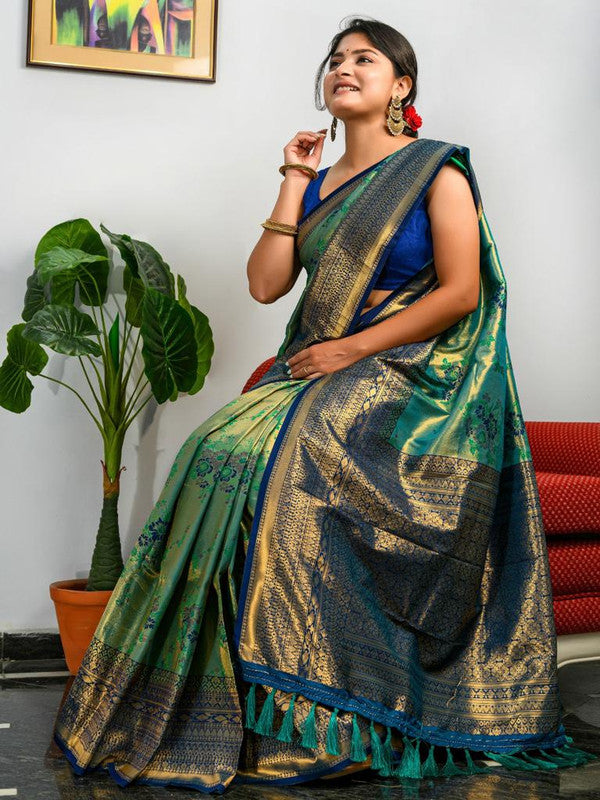 Green Muga silk saree with Blue Border and Khadi weaving